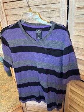 Point Zero Striped V-Neck Tee in Purple, Gray, Black Large